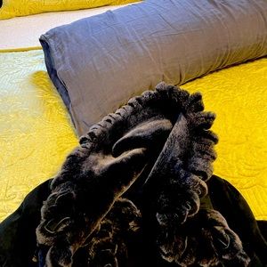 Full length Shearling Coat with hood. Dark Gray colored. Great condition.